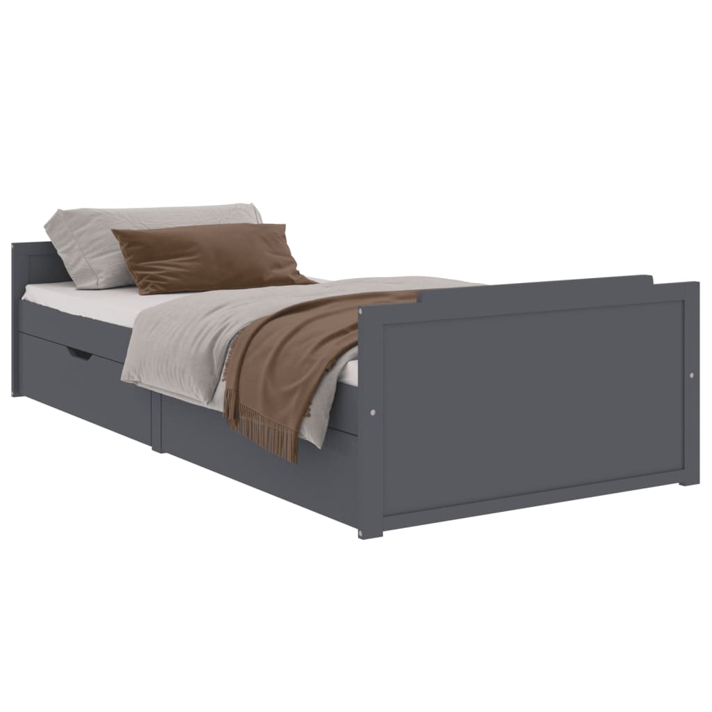 vidaXL gultas rāmis ar atvilktnēm, pelēks, priedes masīvkoks, 90x200cm