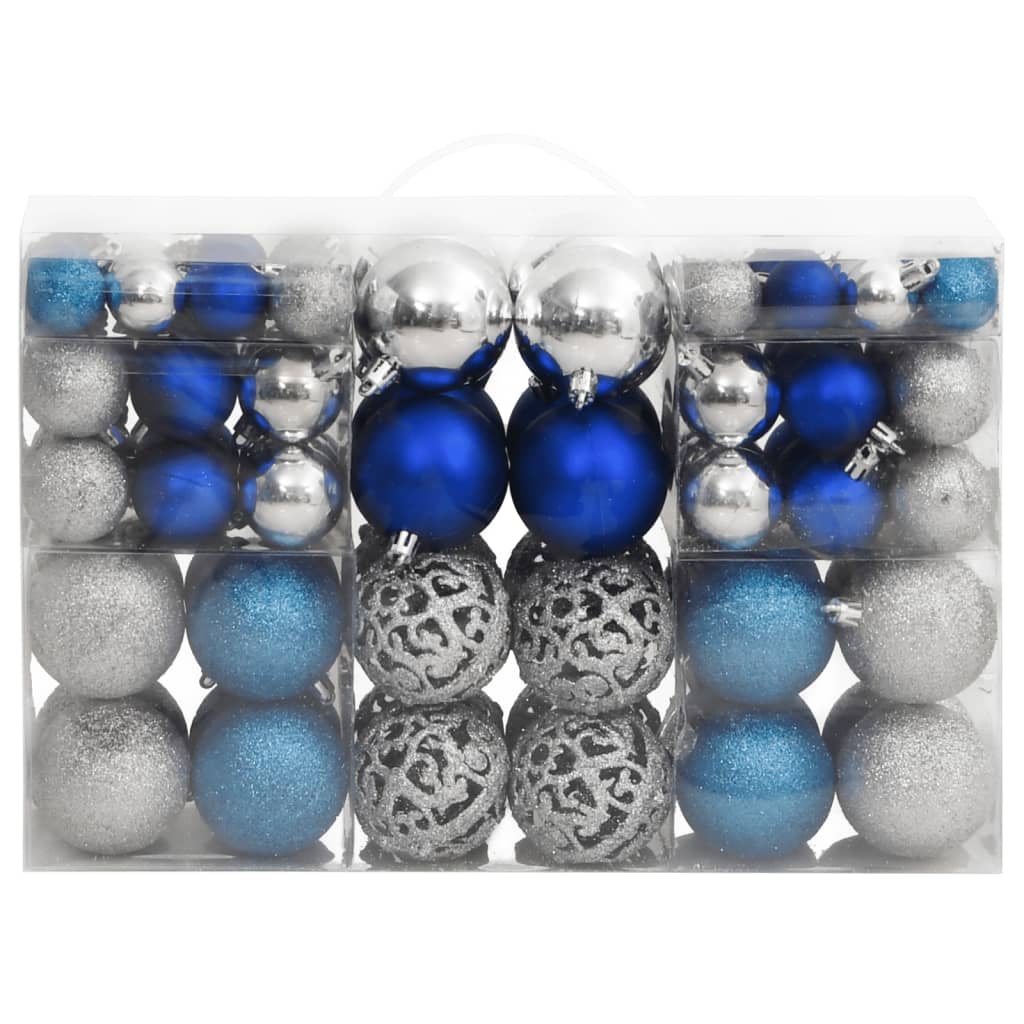 vidaXL eglītes bumbiņas, 100 gab., zilas, sudraba, 3/ 4/ 6 cm