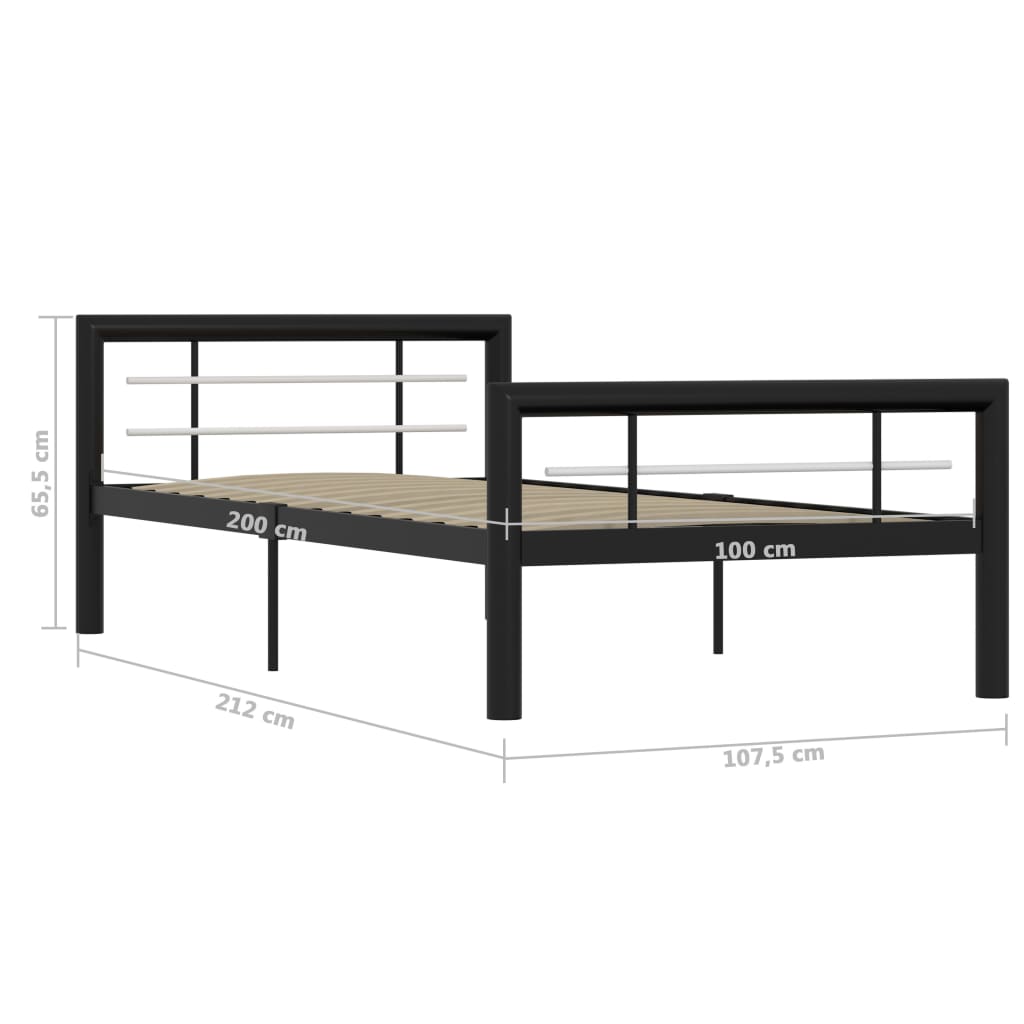 vidaXL gultas rāmis, melns ar baltu, metāls, 90x200 cm