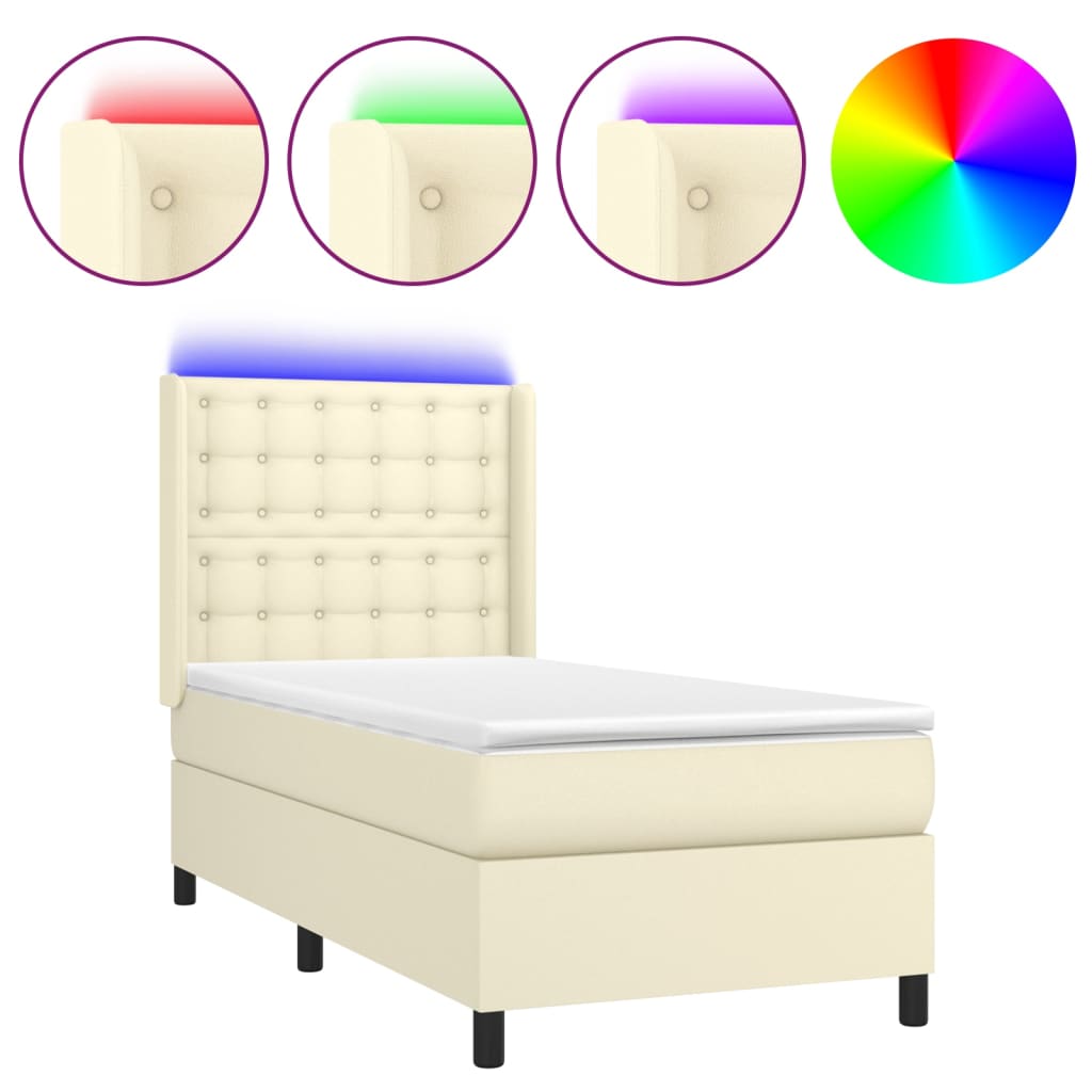 vidaXL atsperu gulta, matracis, LED, krēmkrāsas, 100x200 cm