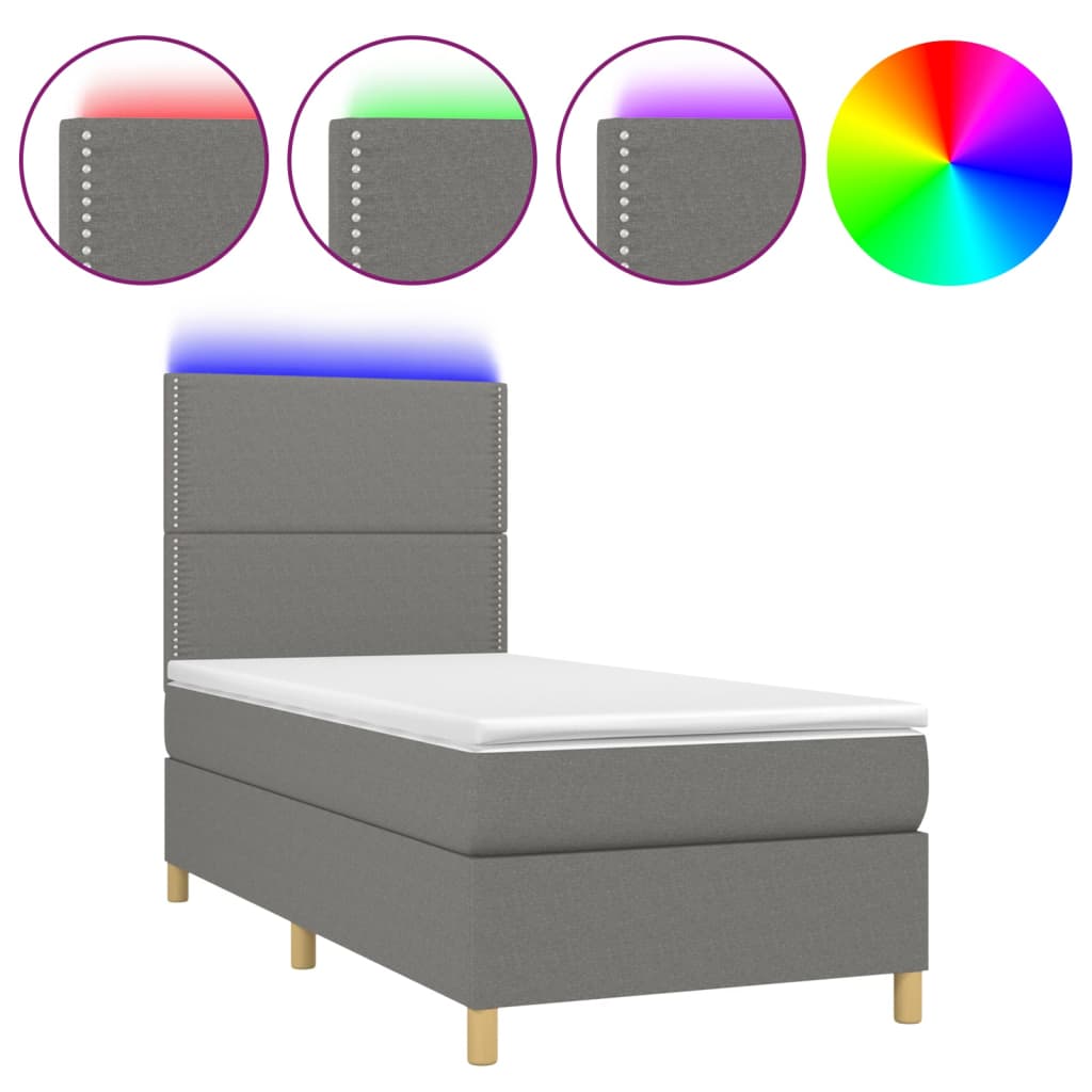 vidaXL atsperu gulta ar matraci, LED, tumši pelēks audums, 90x200 cm
